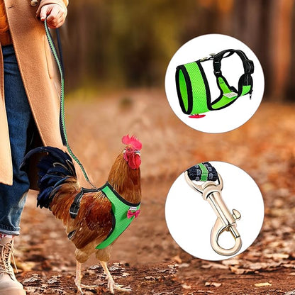 Chicken Harness Hen Size With6-foot Matching Belt - Adjustable, Elastic, Comfortable, Breathable, Small Size, Suitable for Chicken, Duck or Goose Suitable for Weight About 2.3-3.8Pounds, Green