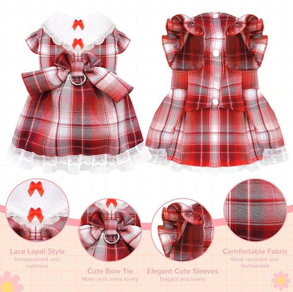 Plaid Dog Dress for Small Dogs Cats Bowknot Girl Dog Clothes with D-Ring Cute Princess Pet Puppy Dresses Spring Summer Pet Outfits for Chihuahua Yorkies Shih Tzu（Red