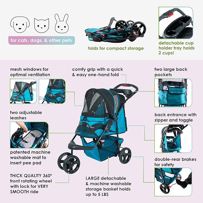 Petique Durable Pet Stroller, Easy Fold, Quality mesh Windows, Large Storage Basket, Secure Cup Holder Tray, for Small to Medium Dog, Cat, Bunny, Supports Pets up to 55LBS - Mermaid (Blue)