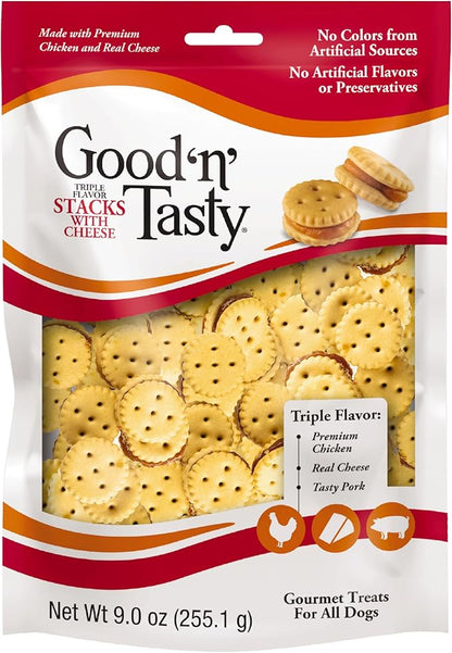 Good 'n' Tasty Triple Flavor Stacks with Cheese, 9 Ounces, Bite Sized Snacks for Dogs with Premium Chicken and Real Cheese