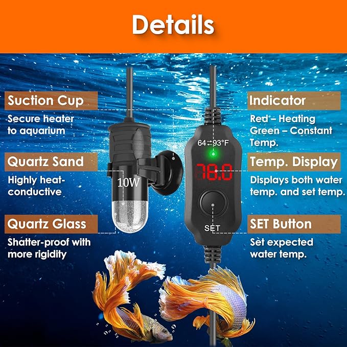 Mini Aquarium Heater 10W Super Small Fish Tank Heater with Digital Display Thermostat, 5V/2A USB Powered Betta Tank Heater Turtle Heater Small Aquarium Heater for Tanks up to 1 Gallon