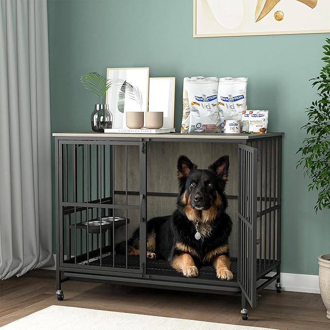 NicBex Dog Crate Furniture Dog Cage with 360 Degree Rotation Height Adjustable Feeding Bowls