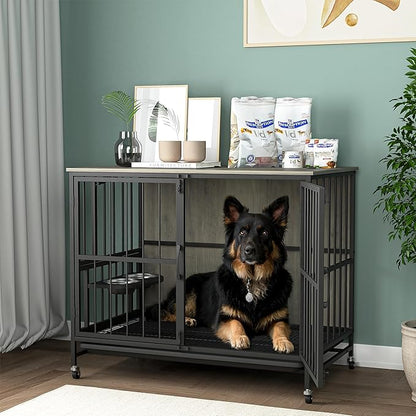 NicBex Dog Crate Furniture Dog Cage with 360 Degree Rotation Height Adjustable Feeding Bowls