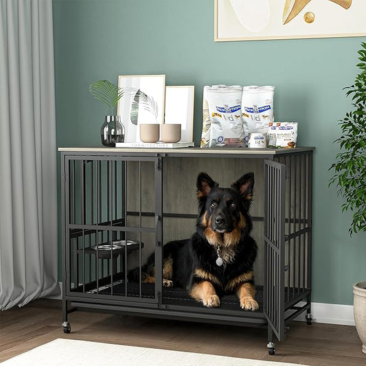 NicBex Dog Crate Furniture Dog Cage with 360 Degree Rotation Height Adjustable Feeding Bowls