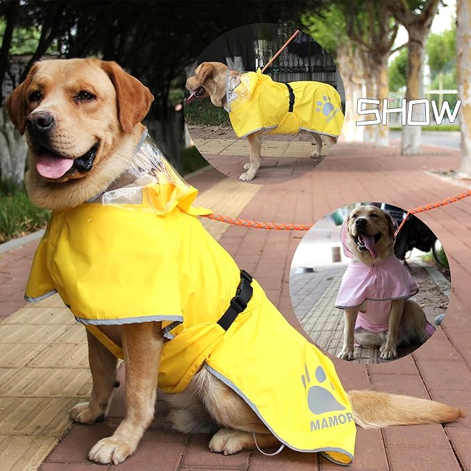 MAMORE Dog Raincoat Hooded Poncho,Waterproof Dog Rain Coat with Reflective Strip, Adjustable Lightweight Dog Rain Jacket with Double Layer for Large Medium Small Dogs (Yellow, XXX-Large)