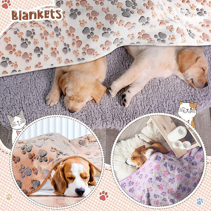 4 Pcs Pet Blanket Dog Puppy Blanket Paw Print Fleece Blanket for Small Medium Pet Dog Cat Warm Soft Sleep Mat Guinea Pig Cage Liners Blanket (White, Coffee, Pink, Purple,X-Large(40 x 63 Inch))