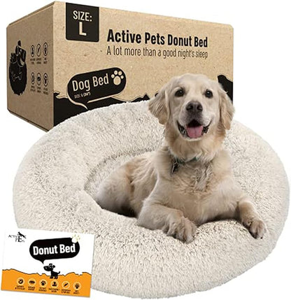 Active Pets Plush Calming Donut Dog Bed - Anti Anxiety Bed for Dogs, Soft Fuzzy Comfort - for Large Dogs, Fits up to 100lbs, 36" x 36" (Large, Beige)