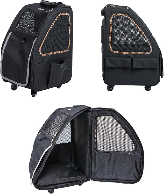 Petique 5-in-1 PET Carrier, Features: Rolling, Top Handle, Backpack, Luggage Attachment, Car Seat All in ONE for Small to Medium Dog, Cat, Bunny, Supports Pets up to 25LBS - Sunset Strip