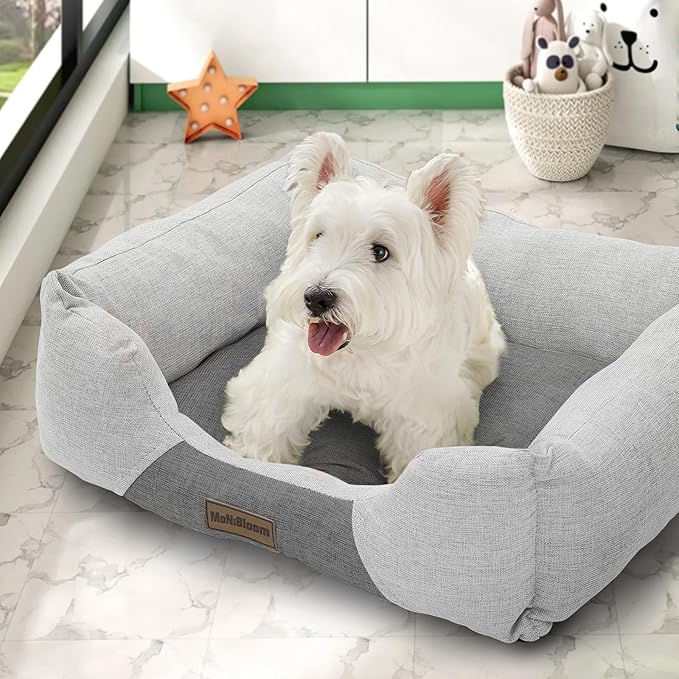 MoNiBloom 20"x17"x6.5" Dog Beds for Small Size Dogs Machine-Washable Linen-Like Fabric Pet Beds Warming Cozy Soft Bed for Dogs and Cat