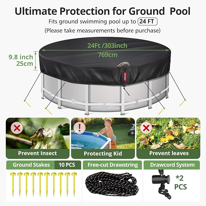 24Ft Round Pool Cover with 738N Strong Tear Resistant [600D Upgrade Extra Dense Heavy Duty Fabric] Swimming Pool Cover for Above Ground Pools