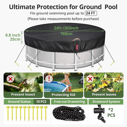 24Ft Round Pool Cover with 738N Strong Tear Resistant [600D Upgrade Extra Dense Heavy Duty Fabric] Swimming Pool Cover for Above Ground Pools