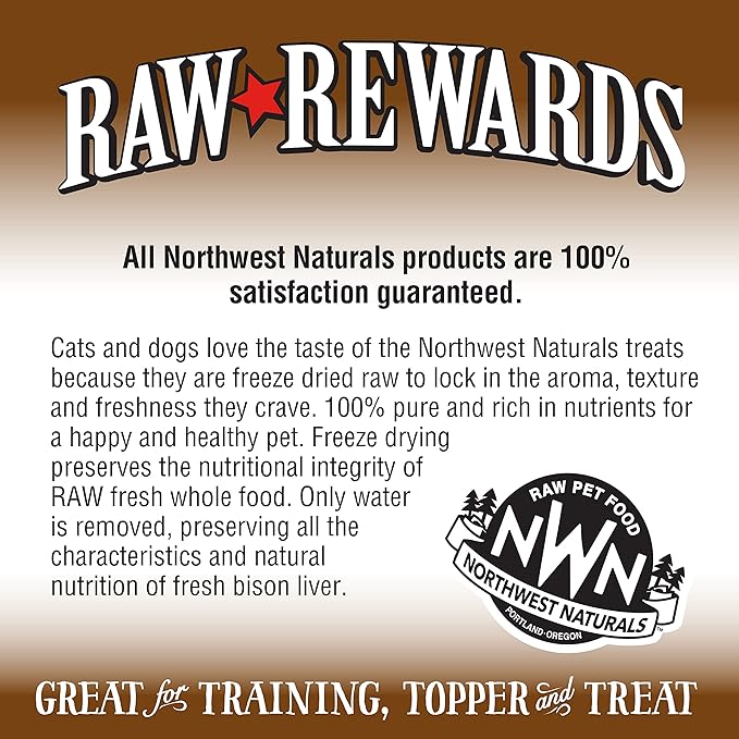 Northwest Naturals Raw Rewards Freeze-Dried Bison Liver Treats for Dogs and Cats - Bite-Sized Pieces - Healthy, 1 Ingredient, Human Grade Pet Food, All Natural - 3 Oz (Pack of 3) (Packaging May Vary)