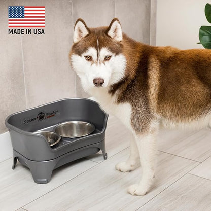 Neater Feeder - Express Model w/Niner 9 Peak Slow Feed Bowl - Mess-Proof Dog Bowls (M/L, Grey) - Made in USA – Elevated, No Spill, Non-Tip, Non-Slip, Raised Food/Water Pet Bowls Aid Digestion