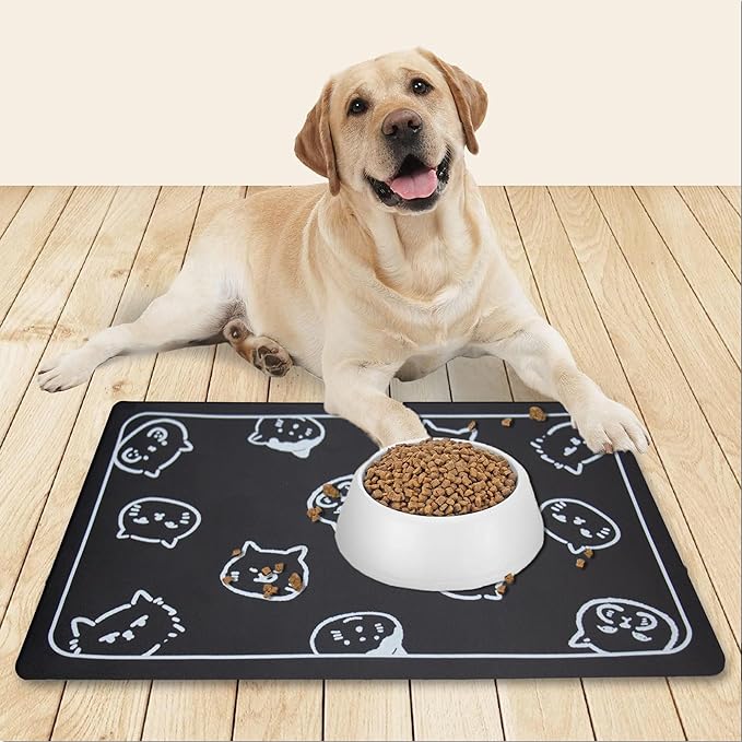 YCT Cat Food Mat for Pet Dog Food Mat, Cat Mat for Food and Water, Cat Feeding Mat Pet Dog Cat Bowl Mat, Non-Slip Super Absorbent, with Multiple cat Heads Logo，24 x 16.9 inches, Dark Grey