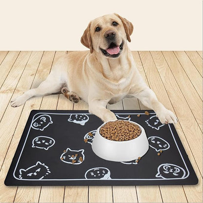 YCT Cat Food Mat for Pet Dog Food Mat, Cat Mat for Food and Water, Cat Feeding Mat Pet Dog Cat Bowl Mat, Non-Slip Super Absorbent, with Multiple cat Heads Logo，24 x 16.9 inches, Black