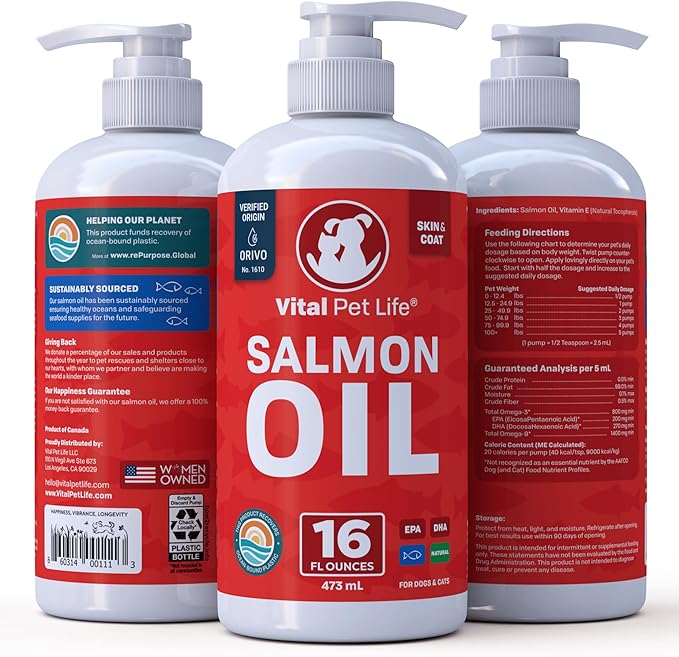 Salmon Oil for Dogs & Cats - Healthy Skin & Coat, Fish Oil, Omega 3 EPA DHA, Liquid Food Supplement for Pets, Supports Joint & Bone Health, Natural Allergy & Inflammation Defense, 16 oz