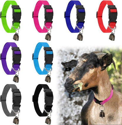 8 Pack Goat Collar with Bell, Adjustable Sheep Collars Set with Quick Release Buckle Durable Nylon Anti-Lost Grazing Pet Collar with Copper Bell for Goat Sheep Horse Cow