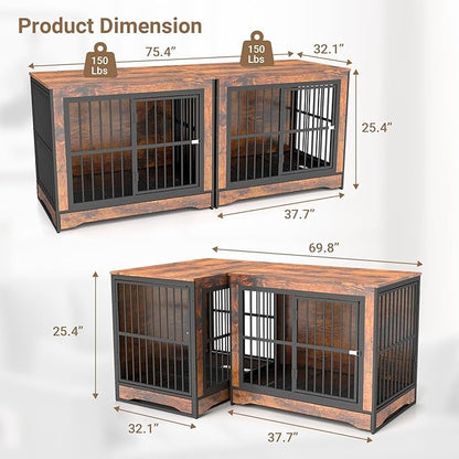 Rovibek Double Dog Crate Furniture 75 Inch, 2 Dogs