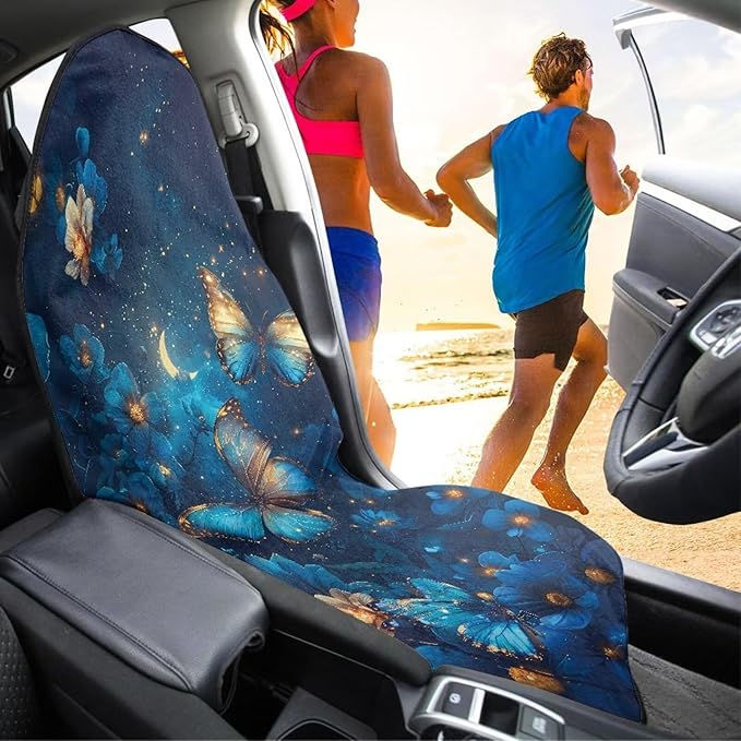 Blue Butterfly Sweatproof Towel Car Front Seat Cover Non-Slip Bucket Seat Protector Easy to Install from Sweat, Food, Dirt, Gym, Swimming, Workout and Grime