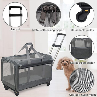 GJEASE Large Pet Rolling Carrier with Wheels for Up to 35 LBS,with Durable Handle and Flexible Wheels,Breathable and Collapsible Carrier for Small & Medium Pets