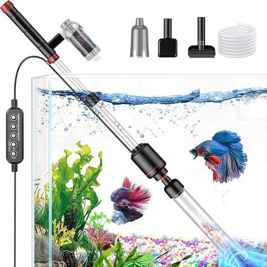 Aquarium Vacuum Gravel Cleaner: 24W Electric Fish Tank Vacuum Gravel with Strong Suction for Automatic Water Change, Wash Sand Remove Dirt Water Shower and Water Circulation, Timed Off