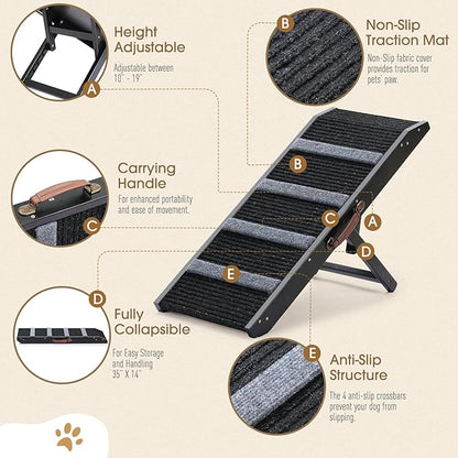 19" Tall Pet Ramp - Small to Medium Dogs and Cats Use - Wooden Folding Portable Dog Ramp Perfect for Couch or Bed with Non Slip Carpet Surface - 4 Levels Height Adjustable Up to 110Lbs