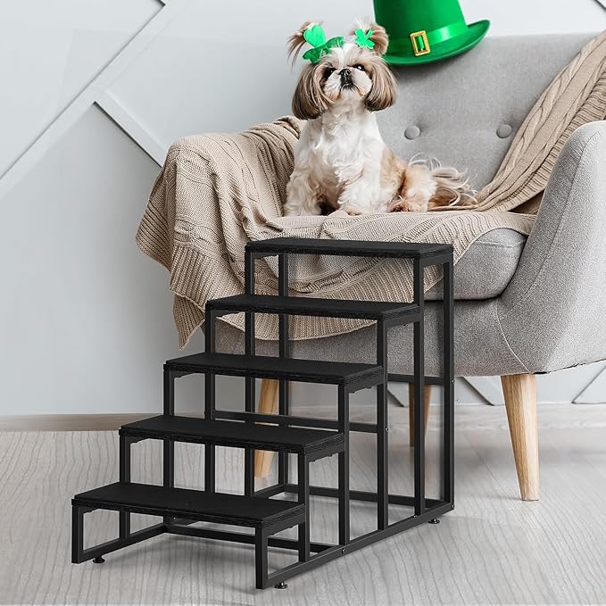 5 Steps Dog Stairs for Small Dogs Wood Pet Stairs for High Bed Black Dog Bed Stairs for Large Dog Pet Steps for Small Dogs for Tall Beds Dog Steps for Couch Support up to 100 lbs