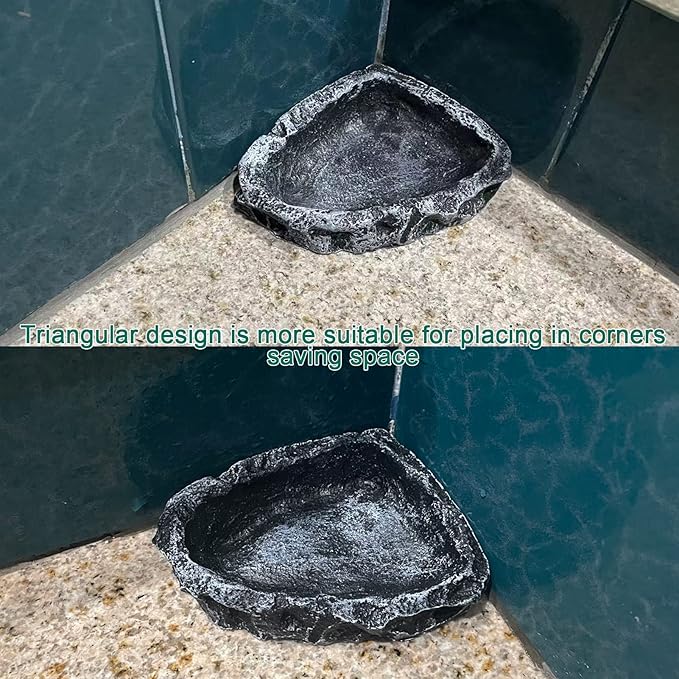 2 Pack Reptile Water Dish - Reptile Water and Food Bowls with Tongs Imitating Natural Rock，Breadworm Feeding for Leopard Gecko Lizard Spider Scorpion Chameleon (2Pcs Square Type)