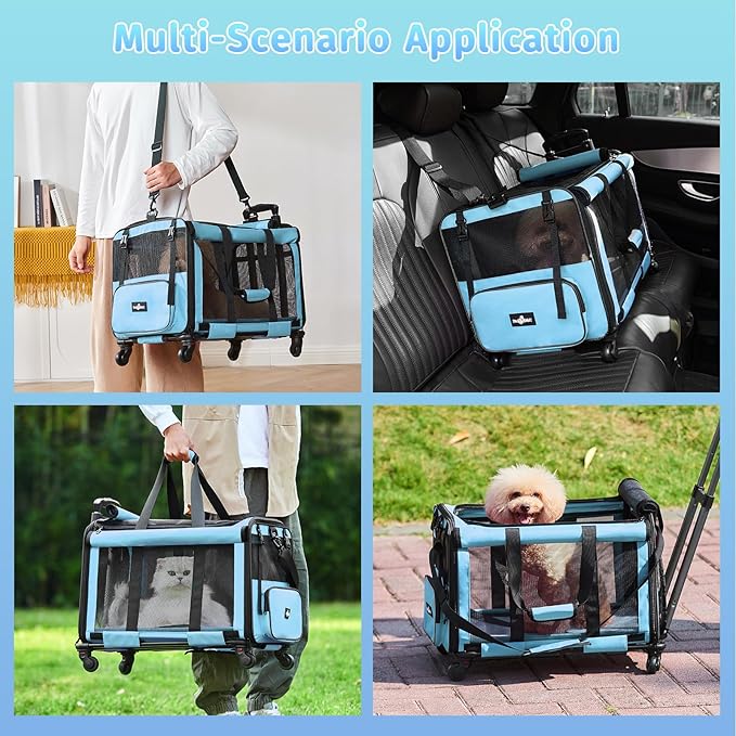 Large Cat Carrier with Wheels, Foldable Rolling Cat Carrier for 2 Cats with Wheels for Cat Dog Under 30 lbs, Cat Carrier Travel Bag with Large Pocket for Outdoor, Blue