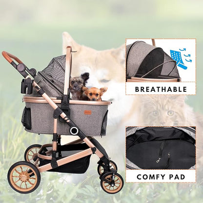 Pet Stroller with 4 Wheels 50lbs, Detachble 3 in 1 Multifunctional