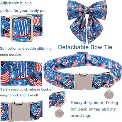 Patriotic Dog Collar with Bow Tie 4th of 16-26in