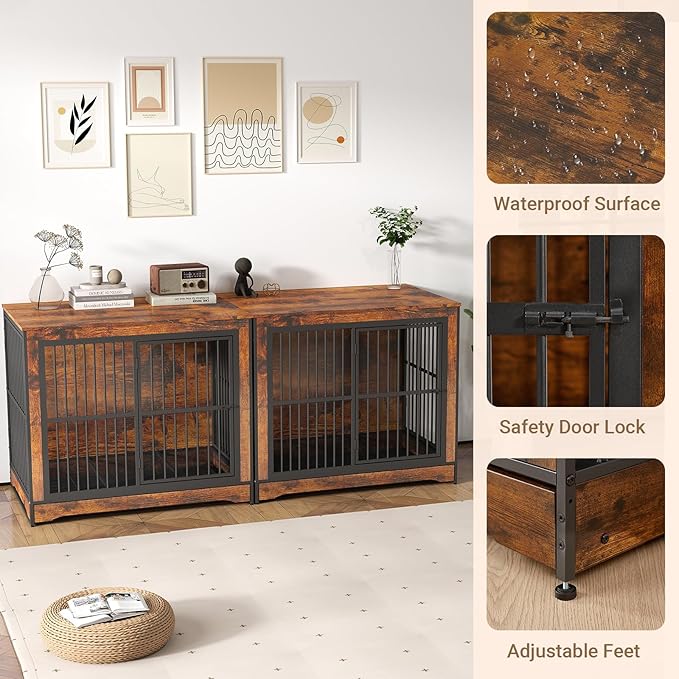 Rovibek Double Dog Crate Furniture 86 Inch, 2 Dog 2 Dogs