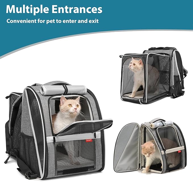 Large Cat Carrier Backpack, Expandable Pet Carrier Backpack for Small Dogs Medium Cats, Dog Carrier Backpack, Airline Approved Foldable Puppy Backpack Carrier for Travel, Hiking (Grey, Large)