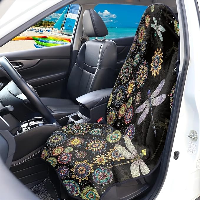 Dragonfly Sweatproof Towel Car Front Seat Cover Non-Slip Bucket Seat Protector Easy to Install from Sweat, Food, Dirt, Gym, Swimming, Workout and Grime