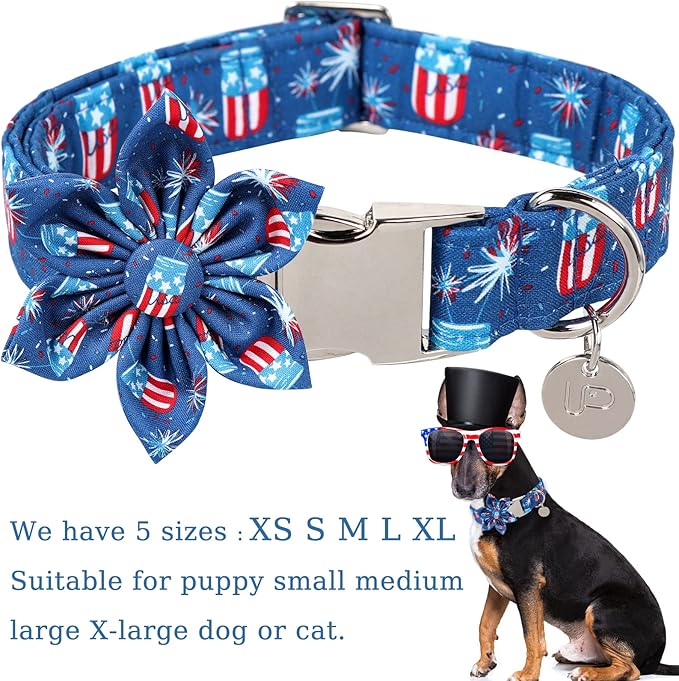 4th of July Dog Collar with Bow Tie 16-26in