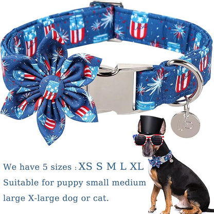 Patriotic Dog Collar with Flower 4th of 13.5-22in
