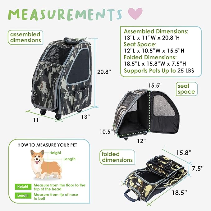 Petique 5-in-1 PET Carrier, Features: Rolling, Top Handle, Backpack, Luggage Attachment, Car Seat All in ONE for Small to Medium Dog, Cat, Bunny, Supports Pets up to 25LBS - Army CAMO