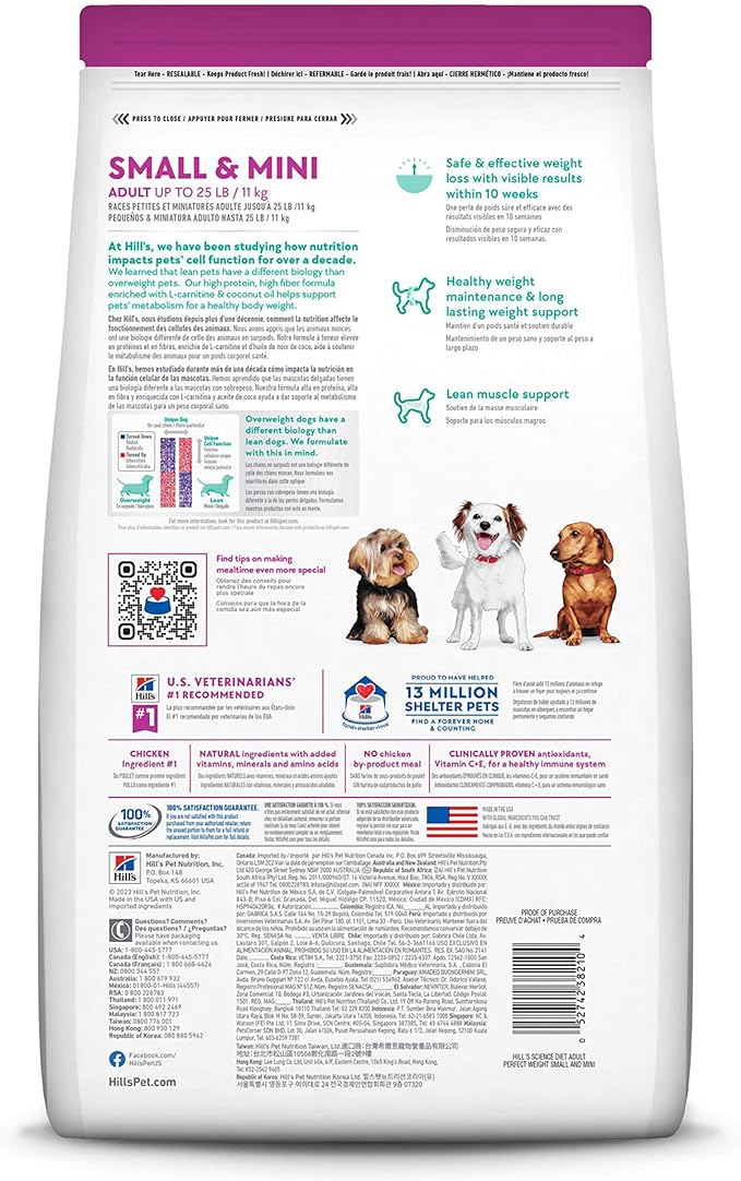 Hill's Science Diet Perfect Weight, Adult 1-6, Small & Mini Breeds Weight Management Support, Dry Dog Food, Chicken Recipe, 12.5 lb Bag