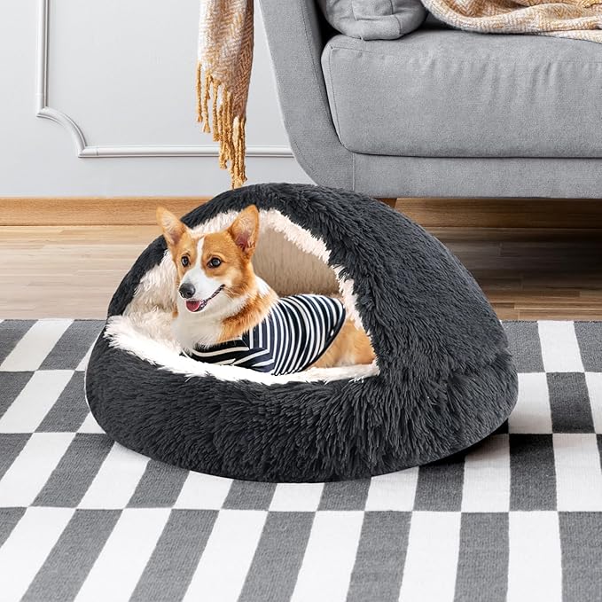 Round Hooded Cat Bed & Dog Bed with Cover Cave 16inch x 16inch)