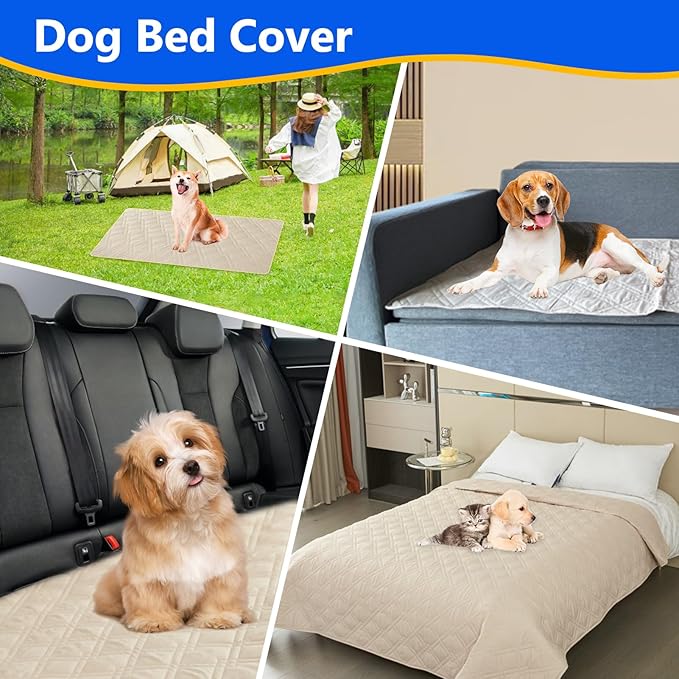 Dog Bed Cover, 100% Waterproof & Anti-Slip Pet Blanket Sofa Bed Mat, Reusable Bed Cover for Dogs, Washable Geometric Embroidery Mattress, Camping Pad for Pet/Dog/Cat (68x82 inch, Beige)