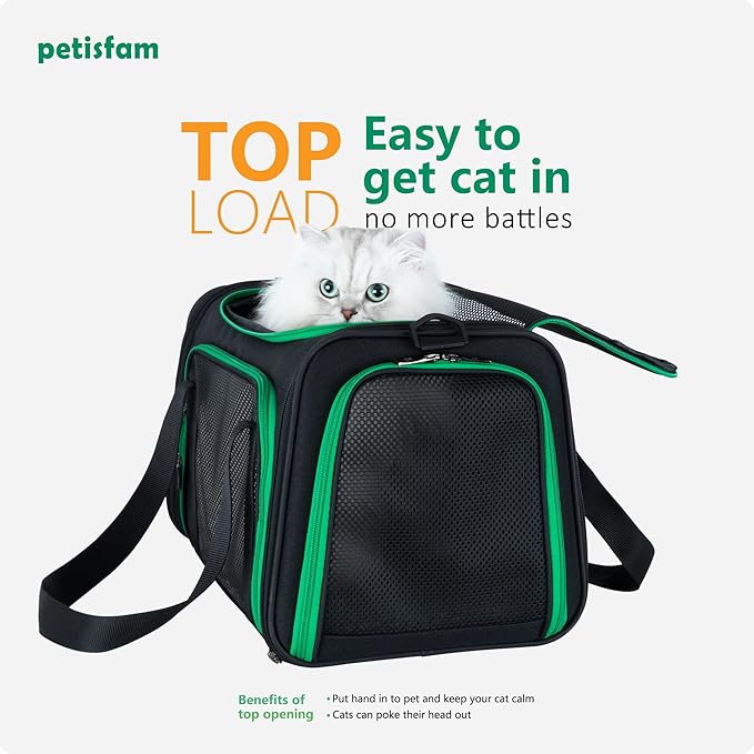 Easy Vet Visit Pet Carrier for Medium Cats and Small Dogs. Safe, Comfortable and Convenient. Airline Approved, Top Loading and Collapsible (Black)