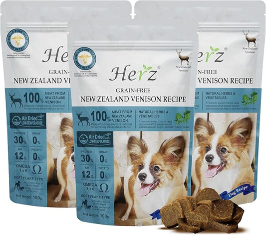 Herz Air-Dried Dog Food – Pack of 3 – New Zealand Venison Recipe, Single Pure-Meat, Grain Free, All Natural, High Protein, Limited Ingredients 3.5 oz