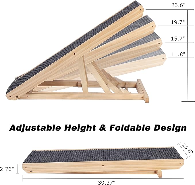 Wooden Adjustable Pet Ramp, Folding Portable Dog & Cat Ramp for Bed and Car, 4 Levels Height Adjustable Pet Ramp with Non-Slip Carpet Surface, Up to 176 Lbs/80kg