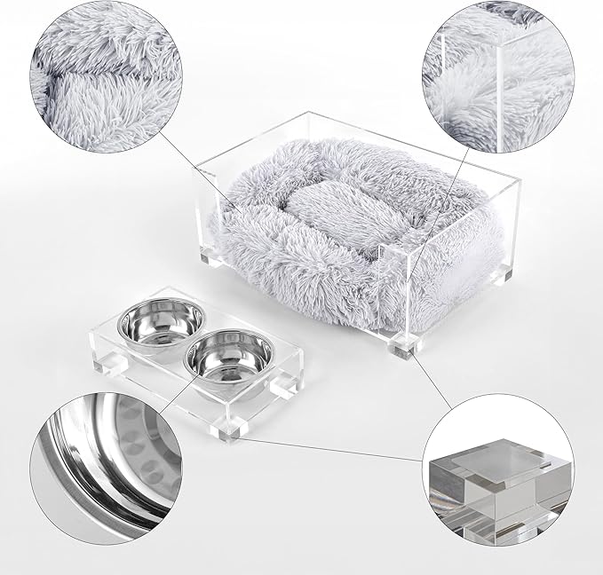 DBD2001A-2SET Billie 24" x 15.75" Small Modern Calming Fluffy Pet Bed with Washable Cushion and 4" Elevated Pet Feeder with 27 oz 2-Stainless Steel Bowls 2)