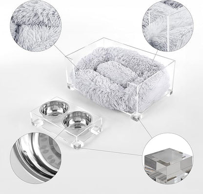 DBD2001A-2SET Billie 24" x 15.75" Small Modern Calming Fluffy Pet Bed with Washable Cushion and 4" Elevated Pet Feeder with 27 oz 2-Stainless Steel Bowls 2)