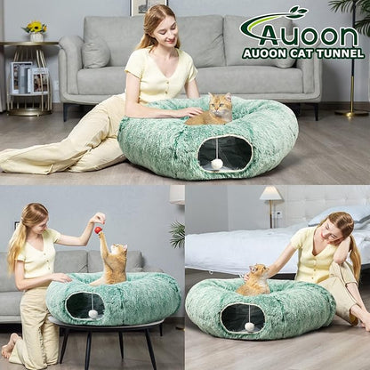 AUOON Cat Tunnel Bed with Central Mat,Big Tube Playground Toys,Soft Plush Material,Full Moon Shape for Kitten,Cat,Puppy,Rabbit,Ferret (Creen)