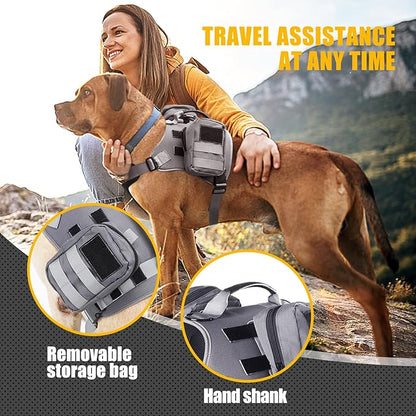 ROZKITCH Dog Backpack for Medium & Large Dogs Outdoor Hiking Camping, Dog Saddle Bag with Side Pockets & Adjustable Strap, Pet Harness Tactical Pack for Hunting Training Running Walk Travel Grey M