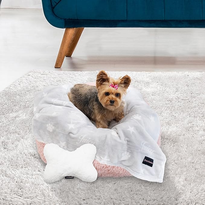 Juicy Couture Grey Paws and Stripes Dog Blanket with Sherpa Bone Shaped Pillow – Plush Puppy Blanket Throw