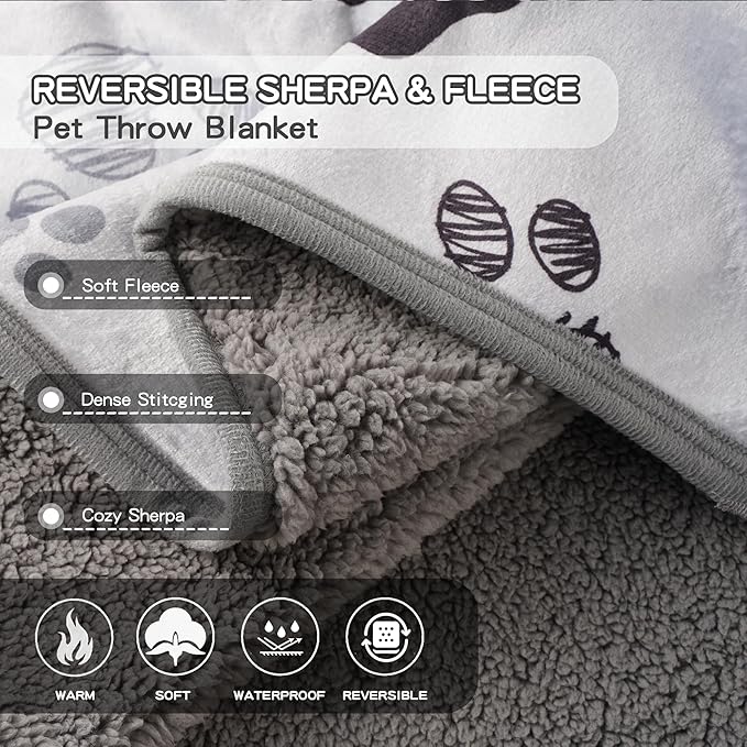 Waterproof Dog Blankets Pet Blanket 50"x60", Soft Fluffy Sofa Car Bed Protector, Reversible Sherpa Fleece Dog Blanket for Large Dogs (Light Grey-Paws)