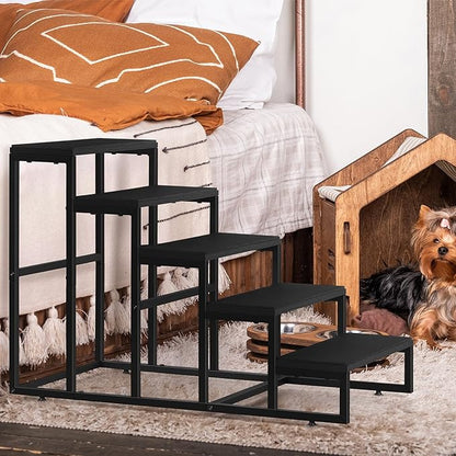 Dog Stairs for High Beds 5 Tier Dog Steps Black Pet Steps Stairs Ramps with Non-Slip Stair Tread for Puppy